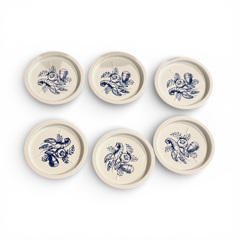 Vtg MCM Set of‎ 6 Tin Coasters Lobster Beer Nautical Beach House Decor